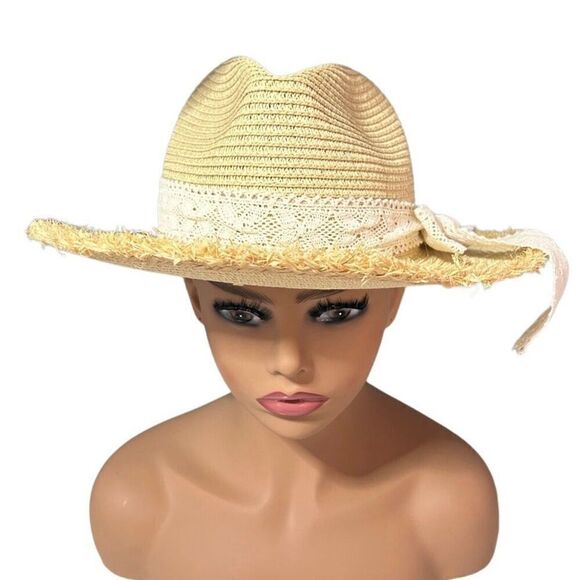 NWT Styline Straw Hat Women's Tan Frayed Edges Woven Wide Brim Crochet Lace Bow - Picture 3 of 9